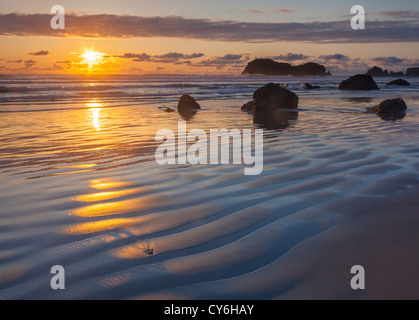 Staatspark Bandon, Oregon: Sonnenuntergang Reflektionen bei Ebbe mit Silhouette Seastacks Bandon Beach Stockfoto