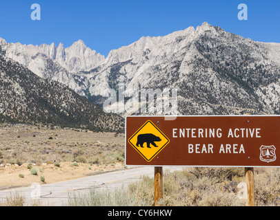 Blick auf Mount Whitney von Alabama Hills, Lone Pine im Owens Valley der westlichen Sierras off Route 395. Bär-Warnung. Stockfoto