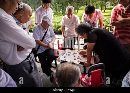 Menschen spielen Dou Shou Qi oder Dschungel, ein traditionelles Brettspiel auf den Tempel des Himmels Park in Peking, China Stockfoto