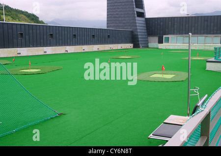 grünen Golfplatz mit Fahnen auf dem Dach des Wolkenkratzers Stockfoto