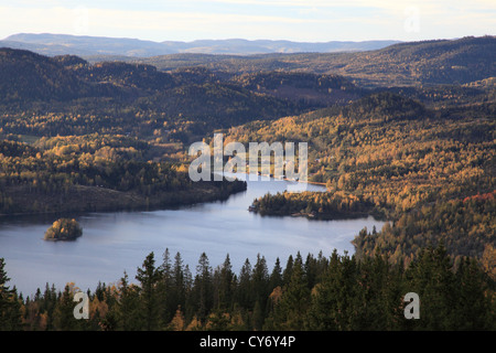 Vom Berg hat Ringkallen auf Schwedisch Höga Kusten man einen herrlichen Blick über die hügelige Landschaft mit Seen, es ist und für Stockfoto