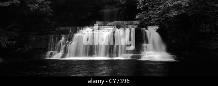 Schwarz-weiß -Bild Panorama Cotter Force Wasserfall, Fluß Ure, Wensleydale; Yorkshire Dales National Park, England Stockfoto