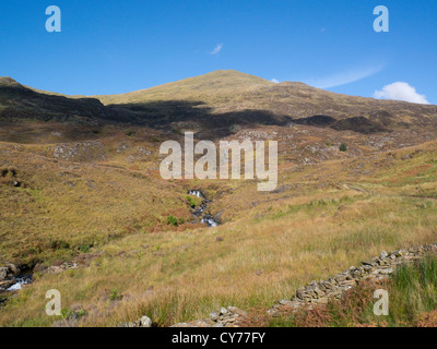 Eryri Snowdonia National Park North Wales Oktober ein kleiner Gebirgsbach fließt vom beliebten Wanderweg in das Tal unterhalb des Yr Aran Stockfoto