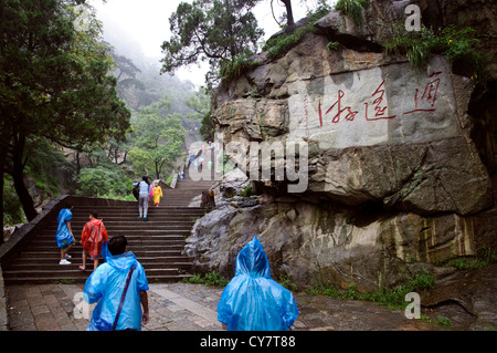 Besucher Shan, China, Tai, Spaziergang, vorbei an einem der vielen Felszeichnungen, die auf dem Berg gesehen werden kann. Stockfoto