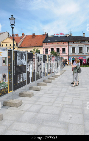 Besucher dieser Seite Fotoausstellung Aufnahme Leben von Papst Johannes Paul II in Town Square, Wadowice, Polen. Stockfoto