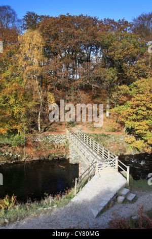 Holzbrücke über Stream am Ende von Grasmere, Englisch Lake District, Großbritannien Stockfoto