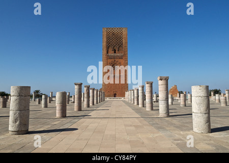 Tour Hassan, Rabat, Marokko. Eine unvollendete Moschee-Minarett aus dem 15. Jahrhundert in der marokkanischen Hauptstadt Stockfoto