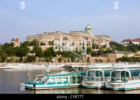 Passagierschiffe auf der Donau und die Burg von Buda in Budapest, Ungarn. Stockfoto