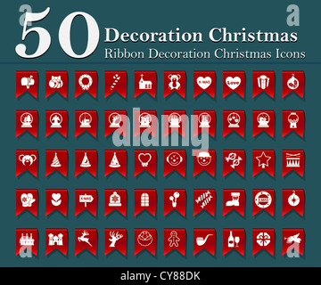 Weihnachts-Dekoration-Icons am roten Band Stockfoto