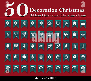 Weihnachts-Dekoration-Icons am blauen Band Stockfoto