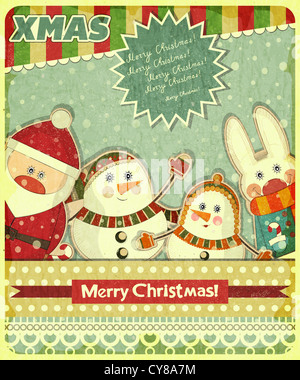 Retro-Design der Weihnachtskarte. Weihnachtsmann, Schneemann und Hasen auf einem Vintage-Hintergrund. Abbildung. Stockfoto