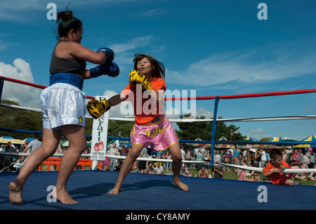 Muay Thai Boxing anzeigen am 7. jährlichen Thai Lebensmittel und Handwerksfest, Southsea, Portsmouth. Stockfoto