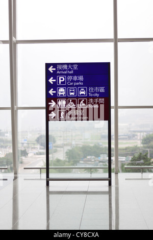 Wegweiser, Toiletten, Gebetsraum, Verkehr, Parkhäuser und Ankunftshalle.  Am Hong Kong International Airport. Stockfoto