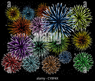 Leuchtend buntes Feuerwerk und Salut auf schwarzem Hintergrund Stockfoto