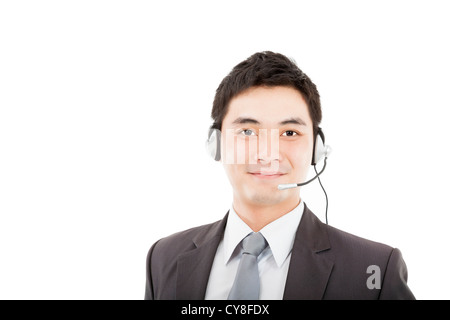 gut aussehend Geschäftsmann tragen Kopfhörer und lächelnd, isoliert auf weiss Stockfoto