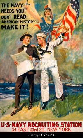 Die Marine braucht dich! Nicht amerikanischen Geschichte zu lesen - machen Sie es! WWI-Poster mit NYC Personalbeschaffung Stockfoto