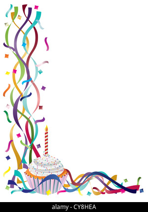 Geburtstag Kuchen mit bunten Bändern und Konfetti Grenze Hintergrund Illustration Stockfoto