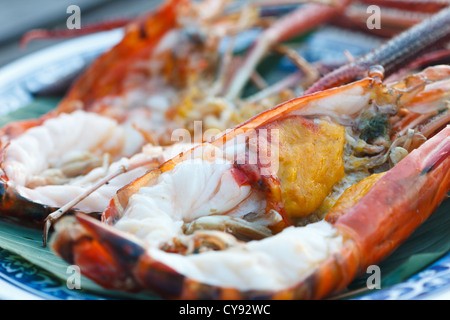 riesige Süßwasser-Garnelen vom Grill auf Platte Stockfoto