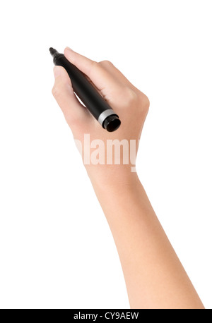 Weibliche Hand ist bereit für das Zeichnen mit schwarzem Filzstift. Isoliert auf weiss. Stockfoto