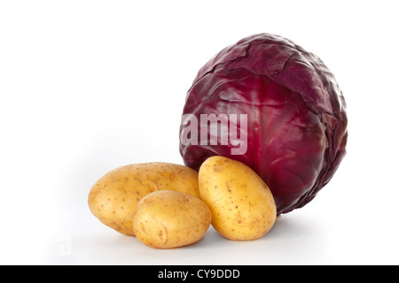 Ganzen Rotkohl mit drei Kartoffeln vor einem weißen Hintergrund Stockfoto