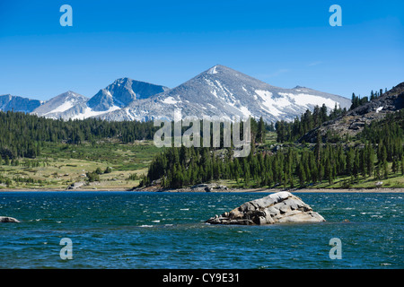 Tioga Pass von Lee Vining, Yosemite, Route 120 - Tioga Lake. Blick vom nordöstlichen Ufer mit Kuna Crest Gipfeln in Ferne. Stockfoto