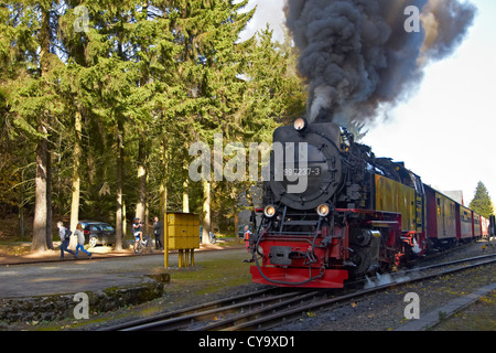 Harzer Schmalspurbahnen Erbe Dampfzug von Drei Annen Hohne mit einem Brocken Zug. Stockfoto