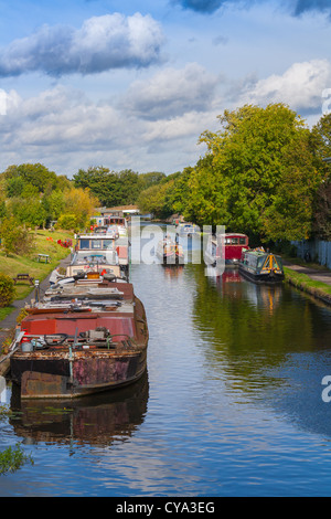 UK England Hertfordshire Waltham Abbey vertikalen Kanal Szene mit Langbooten festgemacht. Stockfoto