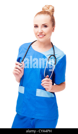 junger Arzt, auf weißen Hintergrund isoliert Stockfoto