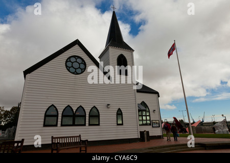 Die norwegische Kirche in der Cardiff Bay Area der Stadt Cardiff, Wales, ist eine historische Kirchengebäude und früher ein Ort o Stockfoto