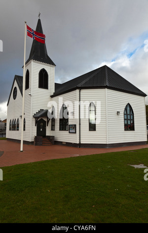 Die norwegische Kirche in der Cardiff Bay Area der Stadt Cardiff, Wales, ist eine historische Kirchengebäude und früher ein Ort o Stockfoto