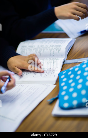 Schülerinnen und Schüler schreiben in ein Welsh Sprachkurs in einem Klassenzimmer einer sekundären Gesamtschule, Wales UK Stockfoto