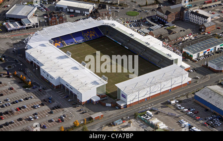 Luftaufnahme von Halliwell Jones Stadium, Heimat des Rugby League Club Warrington Wölfe Stockfoto