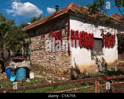 Mazedonische Traditionshaus mit Paprika trocknen draußen in dem kleinen Dorf Miokazi, in der Nähe von Kicevo, Republik von Mazedonien Stockfoto