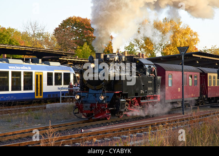 Harzer Schmalspurbahnen Dienst Dampf verlassen Quedlinburg auf der Selhethalbahn-Linie. Harz Elbe Express Unit auf der Hauptstrecke. Stockfoto