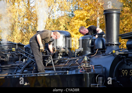 Harzer Schmalspurbahnen Erbe Dampfzug mit der Crew reinigen und Polieren des Motors während der Wartezeit, Dienst Zug zu überqueren. Stockfoto