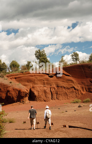 Zwei Männer gehen in der Nähe des Croscat-Vulkans, Olot, La Garrotxa Volcanic Zone Naturpark, Girona, Spanien Stockfoto