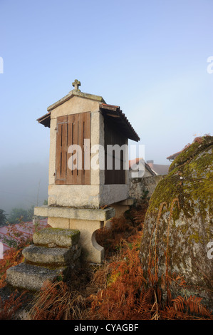 Ein Horreo eine traditionelle nordwestlichen spanischen Korn lagern im galizischen Stil, diese Kornkammer besteht aus Stein und Holz Stockfoto