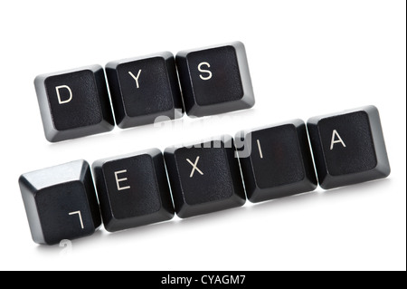 Legasthenie in Wortform mit Computer-Tasten von einem Keyboard isoliert auf einem weißen Hintergrund dargelegt Stockfoto