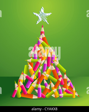 Design und Kunst Bildung Stiften in leuchtenden Farben Kiefer Baum Weihnachtsgrußkarte. Vektor-Illustration für einfache Handhabung und individuelle Färbung geschichtet. Stockfoto