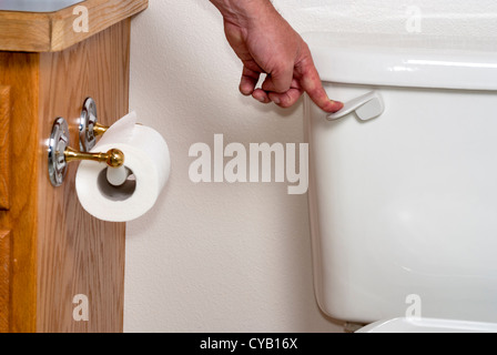 Toilettenpapier und ein WC wird geleert Stockfoto