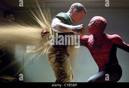 SPIDER-MAN 3 2007 Columbia Film mit Tobey Maguire als Spiderman/Peter Parker und Thomas Haden Church als Flint Marko/Sandmann Stockfoto