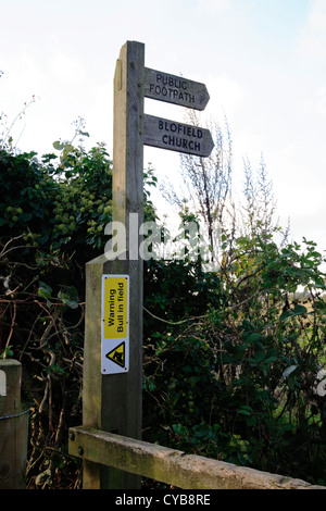 Wegweiser für Wanderweg Route mit Stier im Feld Warnschild am Braydeston, in der Nähe von Brundall, Norfolk, England, Vereinigtes Königreich. Stockfoto