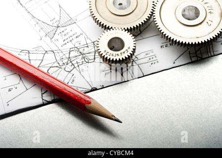 Mechanische Ratschen, Ausarbeitung und Bleistift Stockfoto