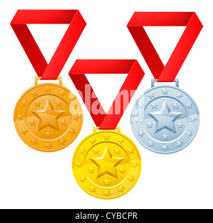 Gold-, Silber- und Bronzemedaillen Gewinner Medaillen für die ersten zweiten und dritten Platz ausgezeichnet. Stockfoto