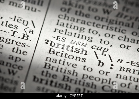 Nahaufnahme der Wortdefinition in einem englischen Wörterbuch: 'British' Stockfoto