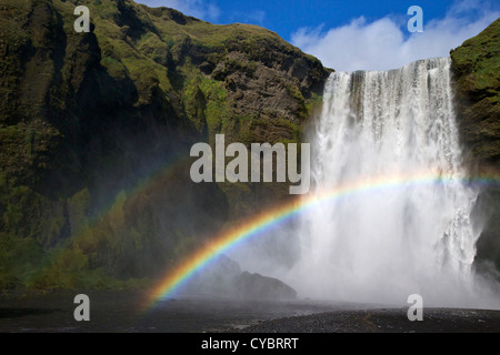 Skogafoss Wasserfall mit Regenbogen im Sommer Sonnenschein, Südküste, Island Stockfoto