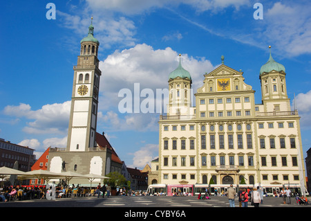 Augsburg, Rathausplatz, Rathaus Platz, Perlach-Turm, Rathaus, romantische Straße, Romantische Strasse, Schwaben, Bayern, Deutschland Stockfoto