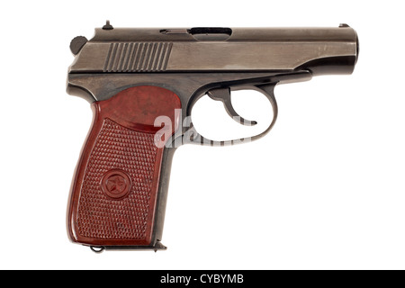 Russische 9mm Pistole auf weißem Hintergrund Stockfoto