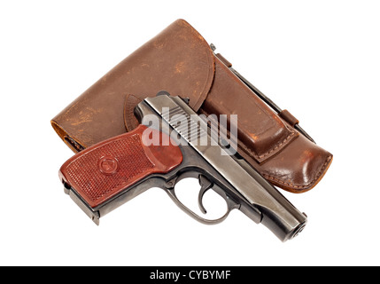 Russische Pistole und Holster auf weißem Hintergrund Stockfoto