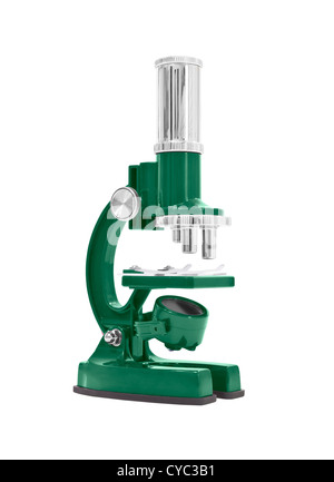 Grüne Mikroskop isoliert auf weiss mit Beschneidungspfad. Stockfoto